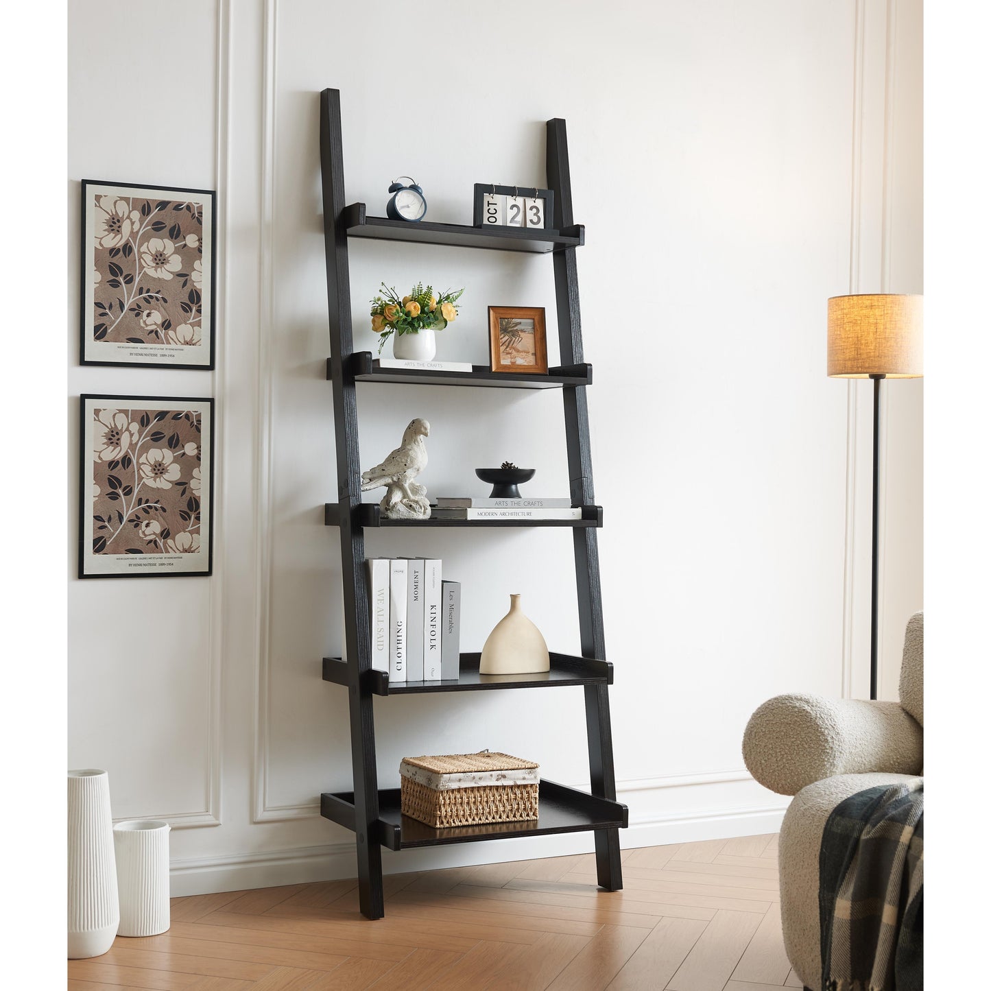 5-Shelf Ladder Bookcase with Multi-Depth Shelves and Wraparound Molding