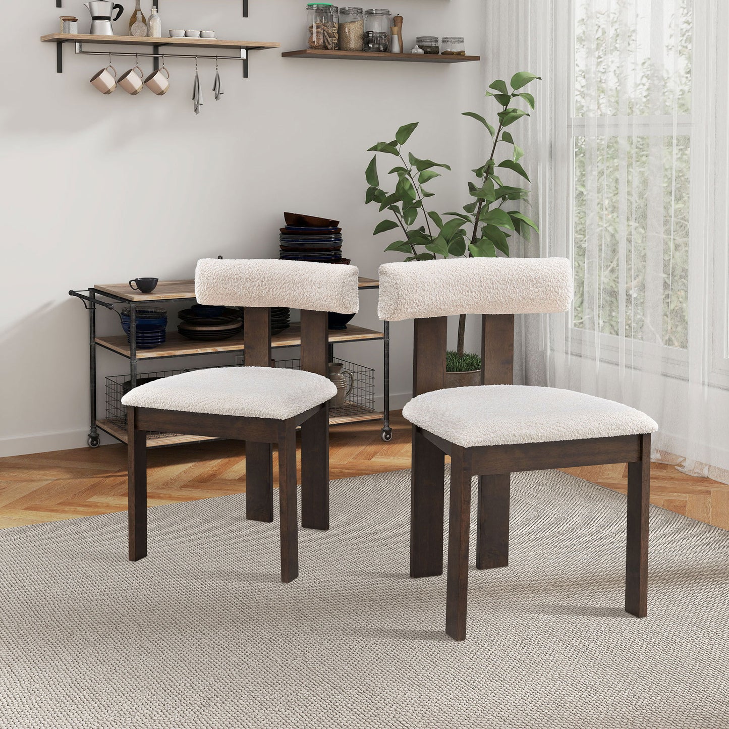 Set of 2 Wooden Dining Chairs, Boucle Upholstered Mid-Century Kitchen Side Chairs