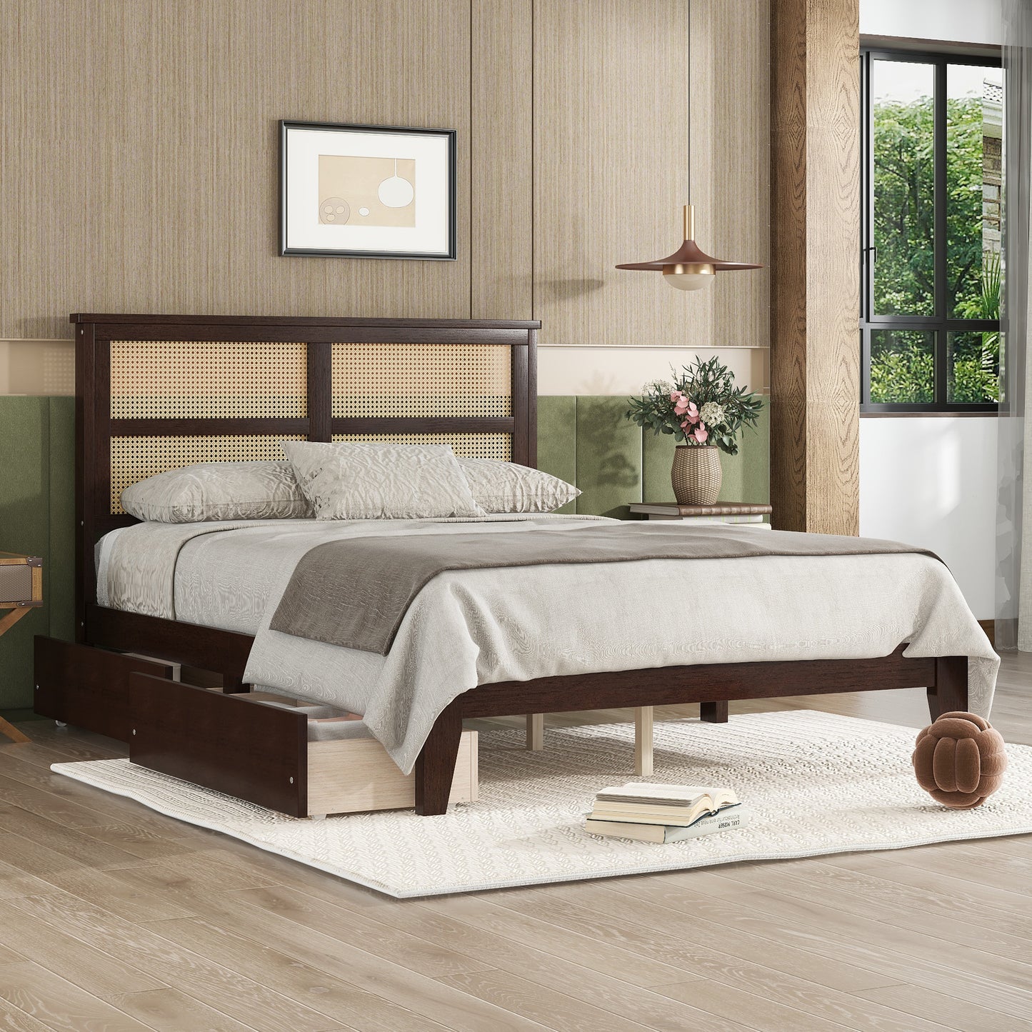 Full Size Bed with Rattan Headboard, 2 Storage Drawers & Solid Wood Frame, Espresso