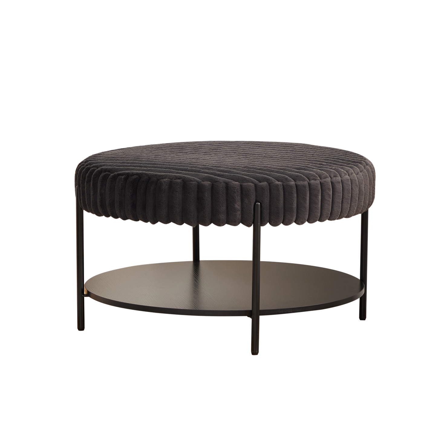 Charcoal Round Ottoman Coffee Table with Storage Shelf & Black Metal Legs
