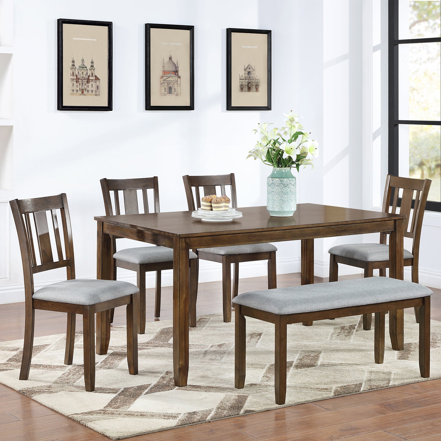GOMYHOME walnut walnut 6-piece dining table set with bench for dining room and kitchen