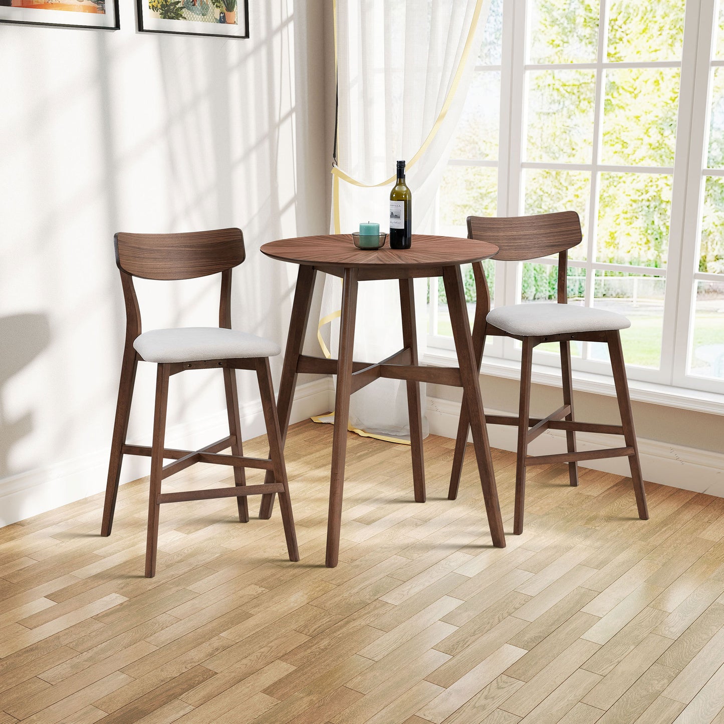 3-Piece Pub Table Set with Bar Stools, Round Counter Height Dining Set, Walnut