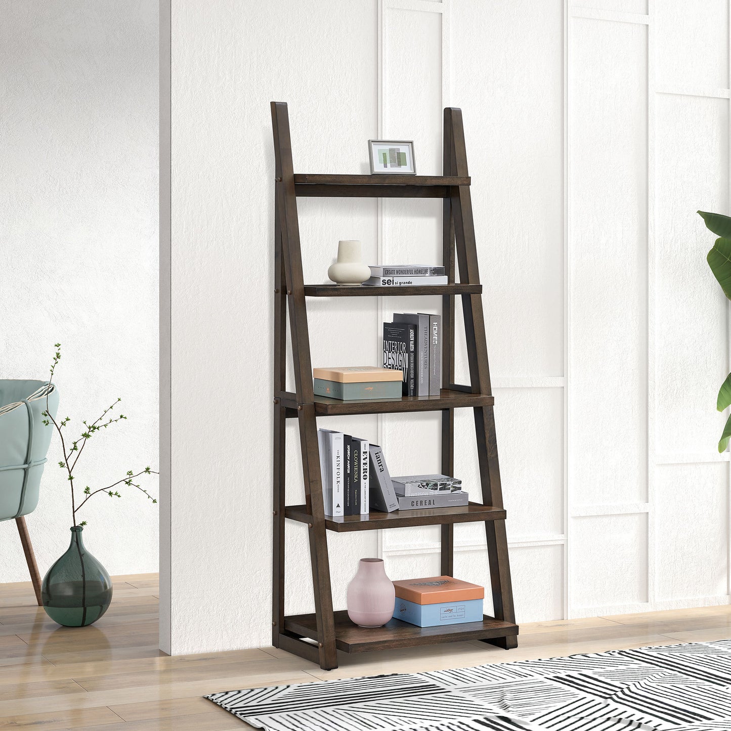 5-Tier Ladder Bookshelf, Wooden Storage Rack with Rubber Wood Frame, Rustic Brown