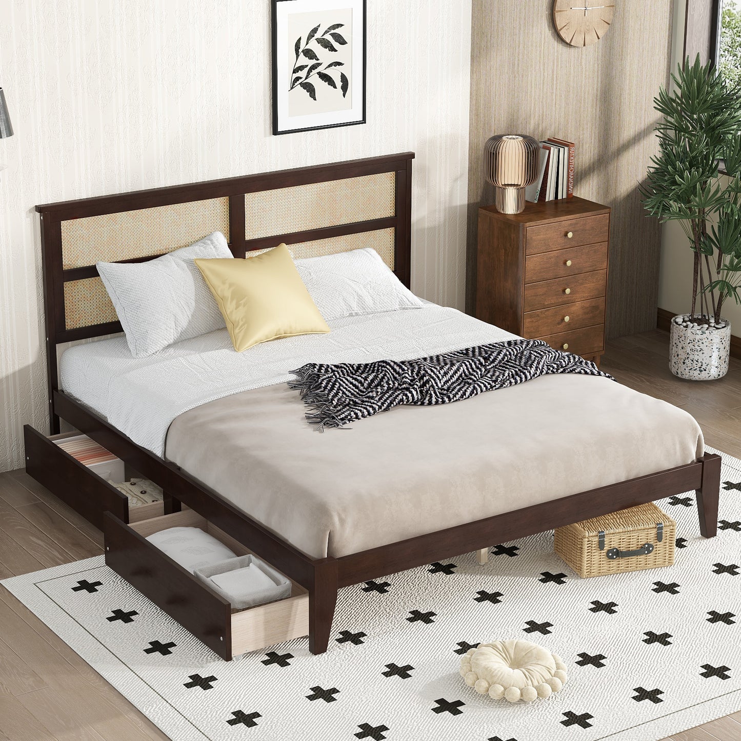 King Size Bed with Rattan Headboard, 2 Storage Drawers & Solid Wood Frame, Espresso