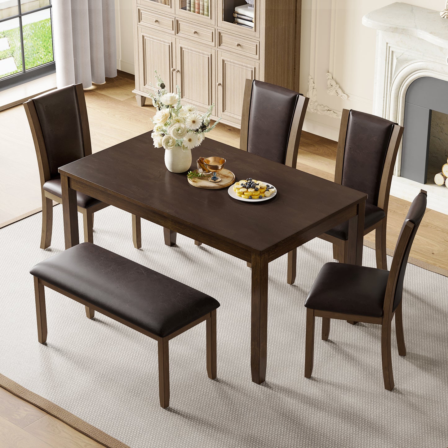 '-6-Piece Farmhouse Dining Set with Bench & Chairs, Dark Walnut