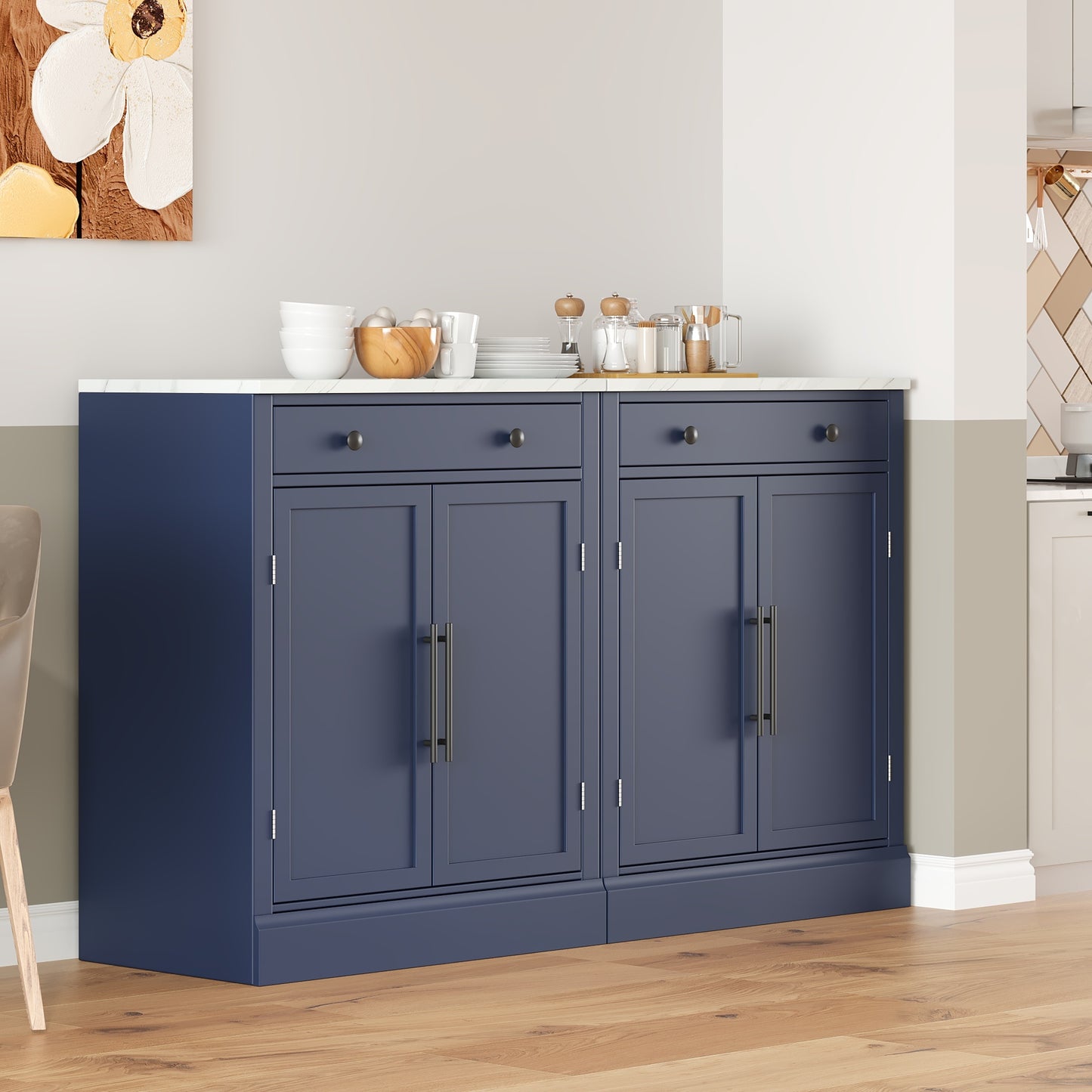 '-Blue Modern Kitchen Pantry Cabinets with Drawer & Marble Top – Set of 2