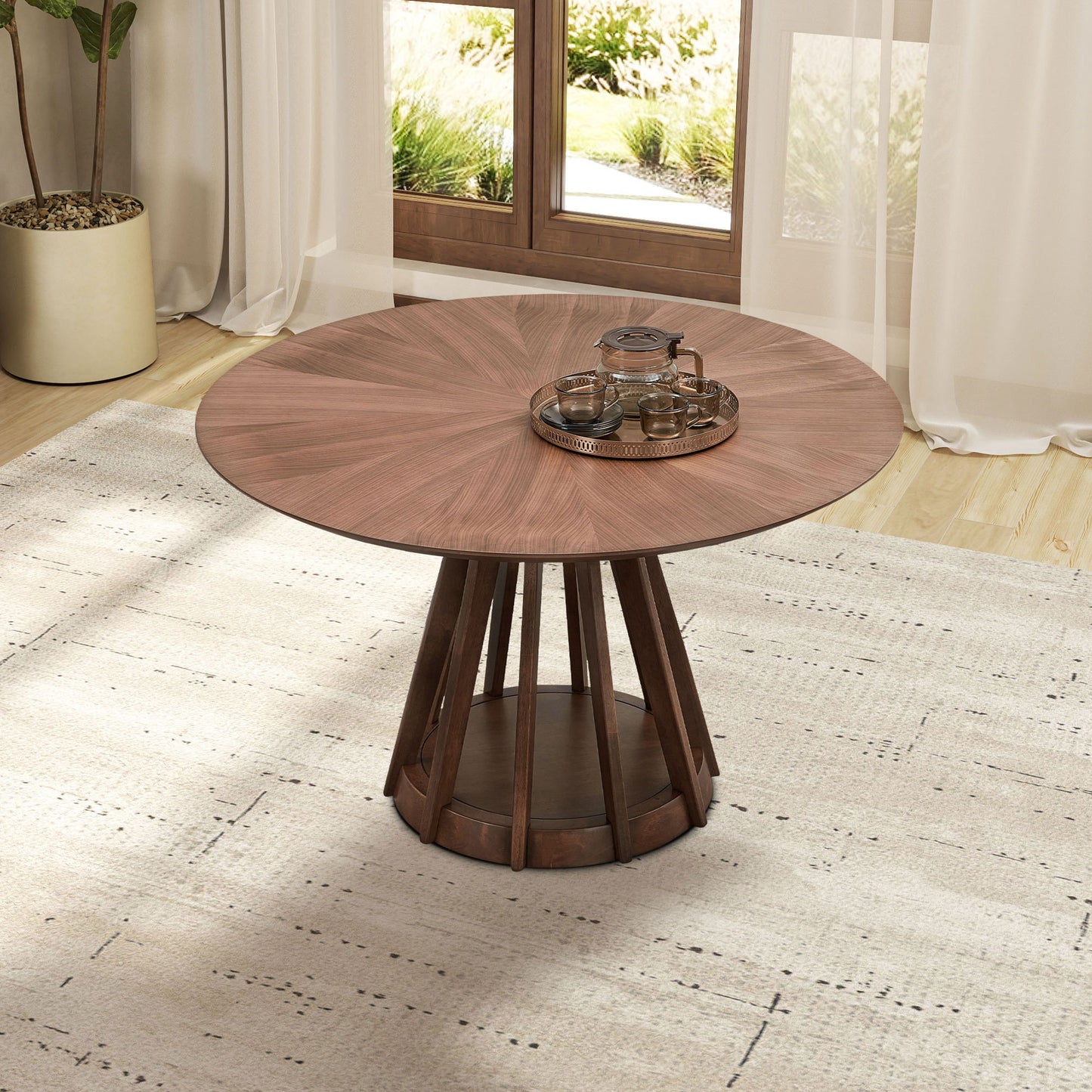 47.24" Round Dining Table for 6, Modern Pedestal Kitchen Table, Walnut Finish
