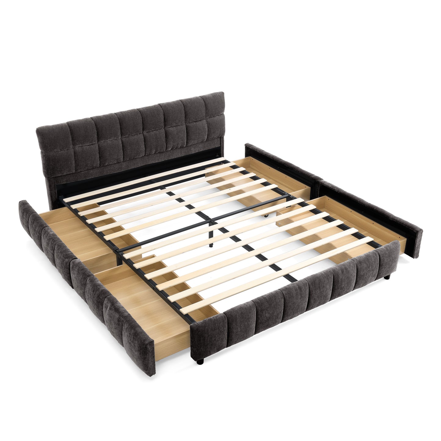 '-Dark Gray Queen Upholstered Bed Frame with Chenille Fabric, Headboard & Storage Drawer