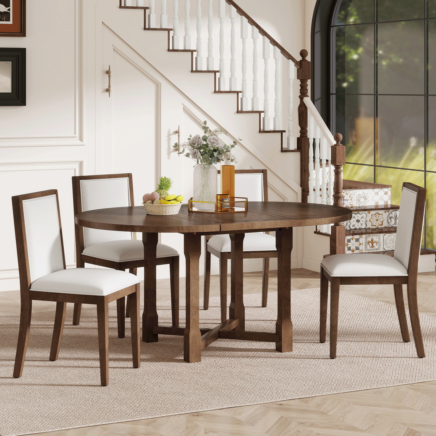 5-Piece Extendable Dining Table Set with Beige Upholstered Chairs, Brown