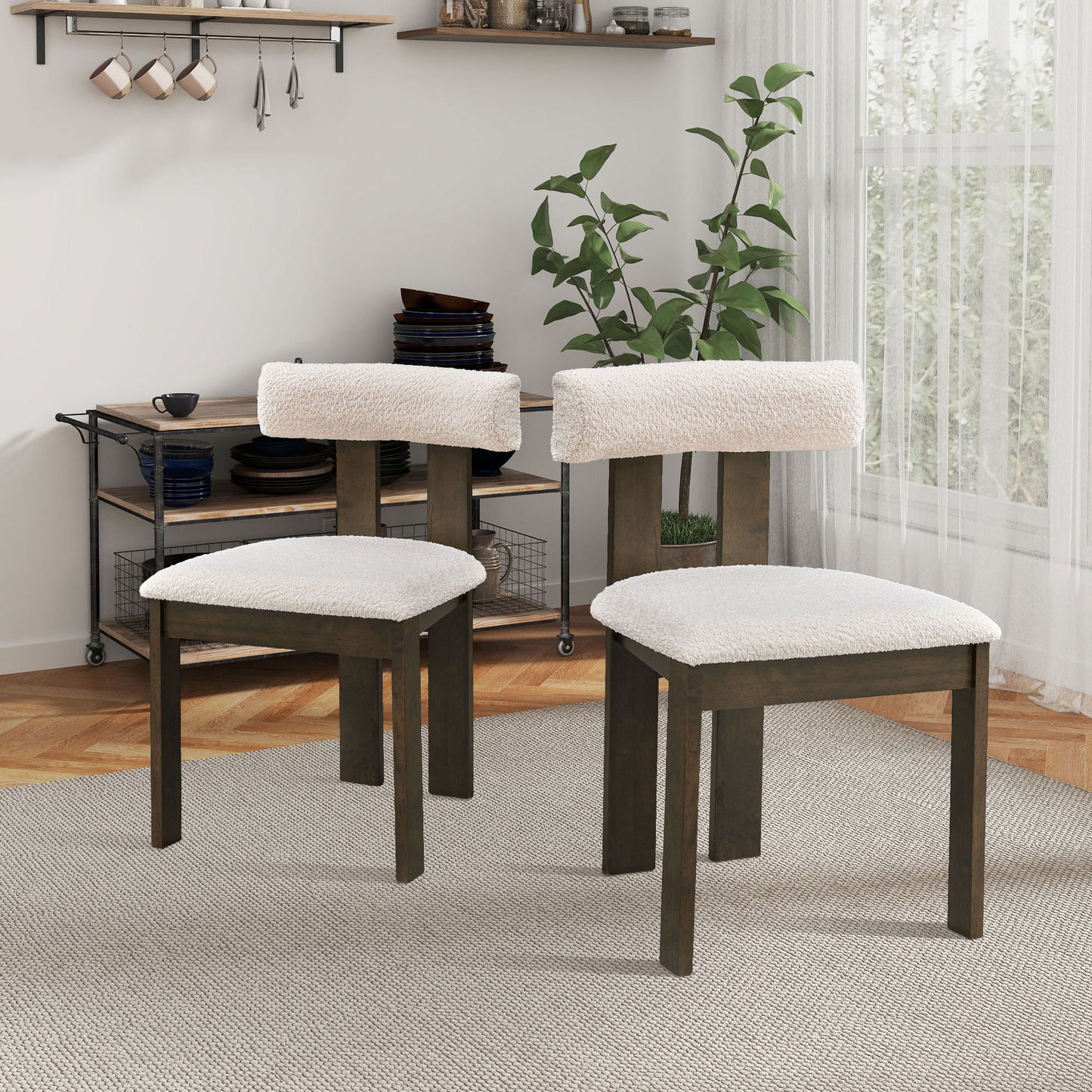 Set of 2 Wooden Dining Chairs, Mid-Century Boucle Upholstered Kitchen Side Chairs