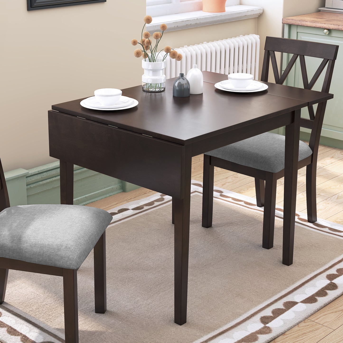 Folding Dining Table with Birch Veneer MDF Top and Solid Rubberwood Legs
