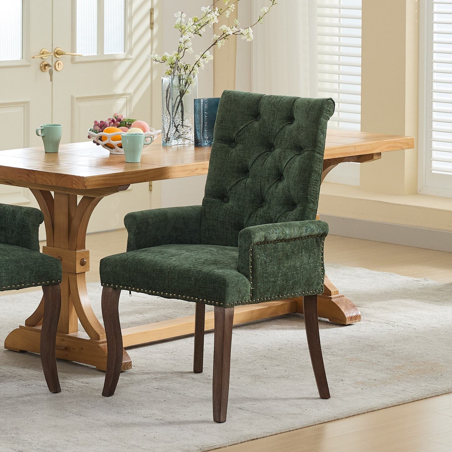 Chenille Olive Green Upholstered Dining Chair with Arms, Tufted Accent Chair