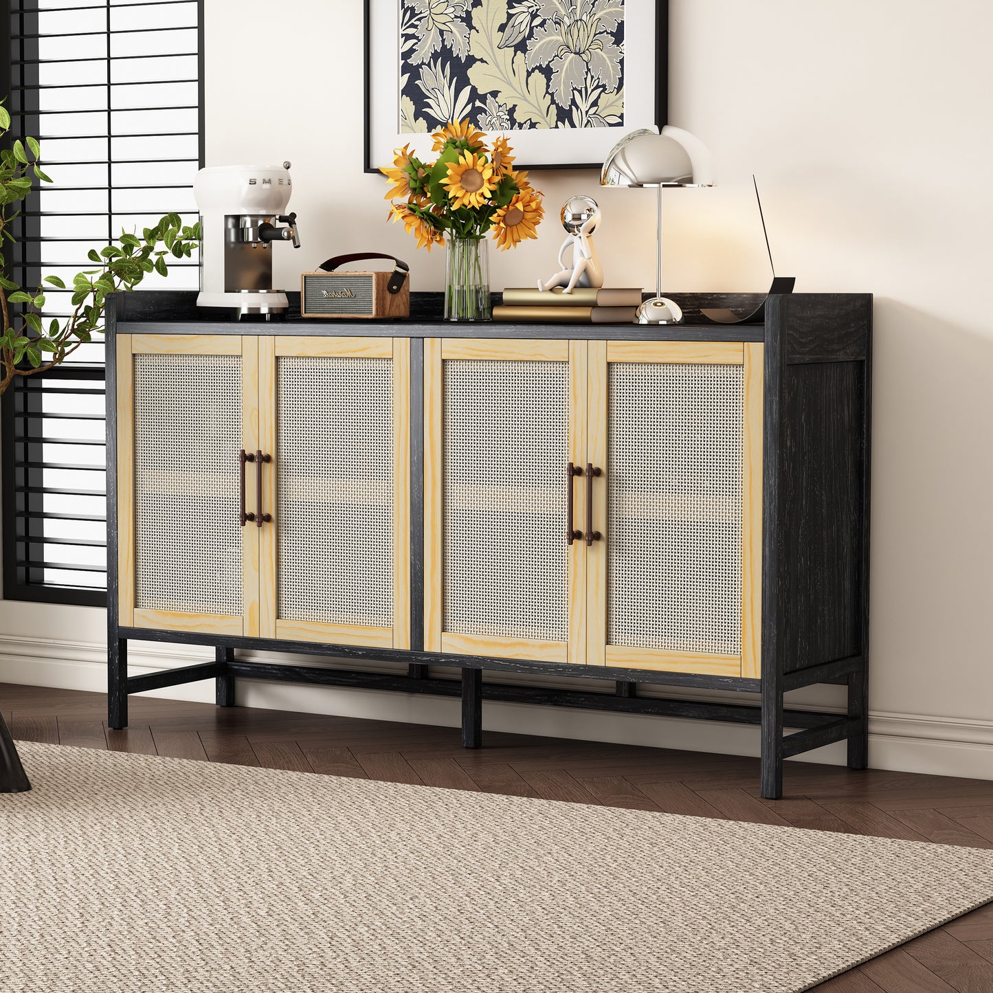 '-Rustic Black & Natural Sideboard Buffet Cabinet with Decorative Rattan Doors & Storage