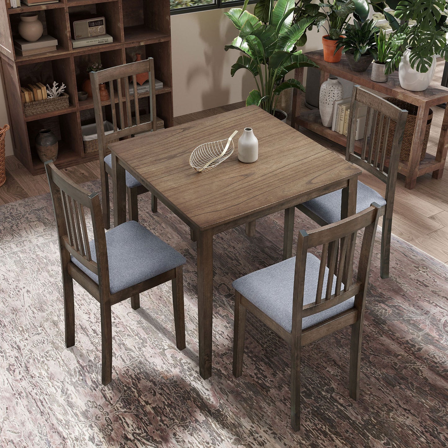 5-Piece Wooden Dining Table Set with 4 Upholstered Chairs, Space-Saving, Oak Finish