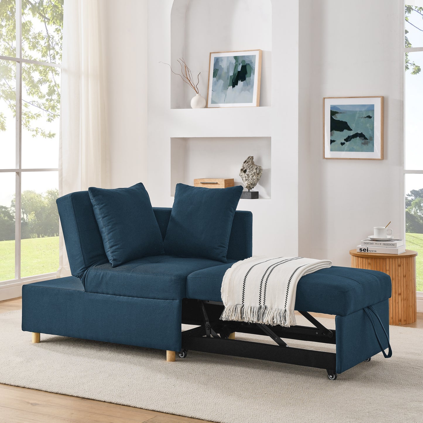 '-Convertible Sleeper Sofa Chair with Pullout Bed, Adjustable Recliner, Linen Fabric, Blue