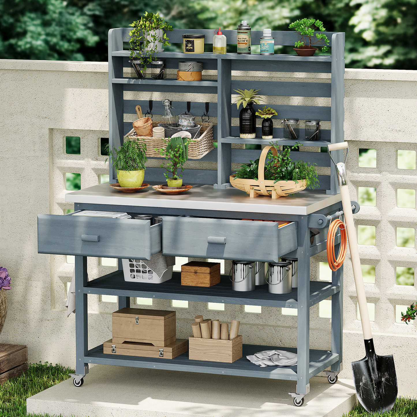 Solid Wood Outdoor Kitchen Island with Upper Hutch and Stainless Steel Countertop, Natural Finish