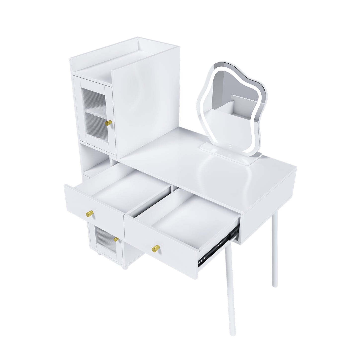 '-White Vanity Dressing Table with LED Mirror, 3 Drawers & Storage Cabinets, Makeup Desk