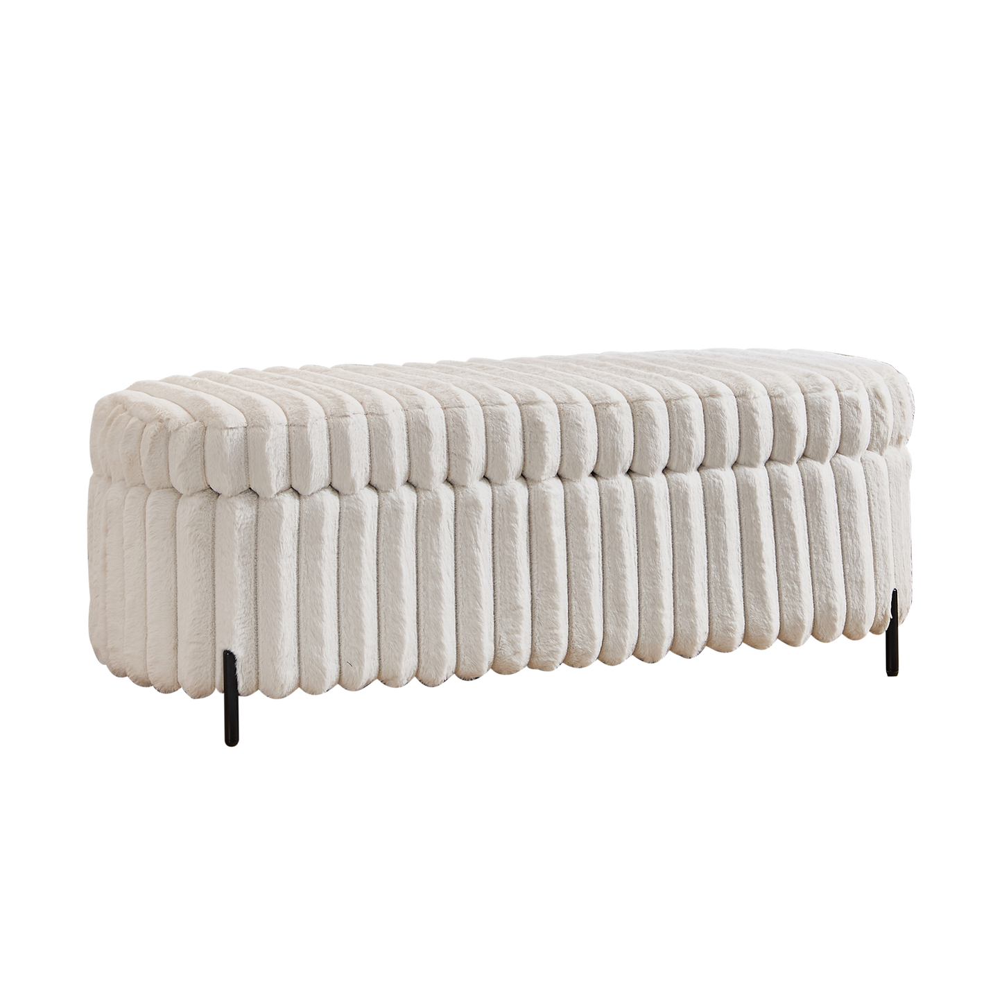 Beige Faux Fur Flip Top Storage Bench with Black Metal Legs, 49.2' Wide, Bed End Stool Foot Rest
