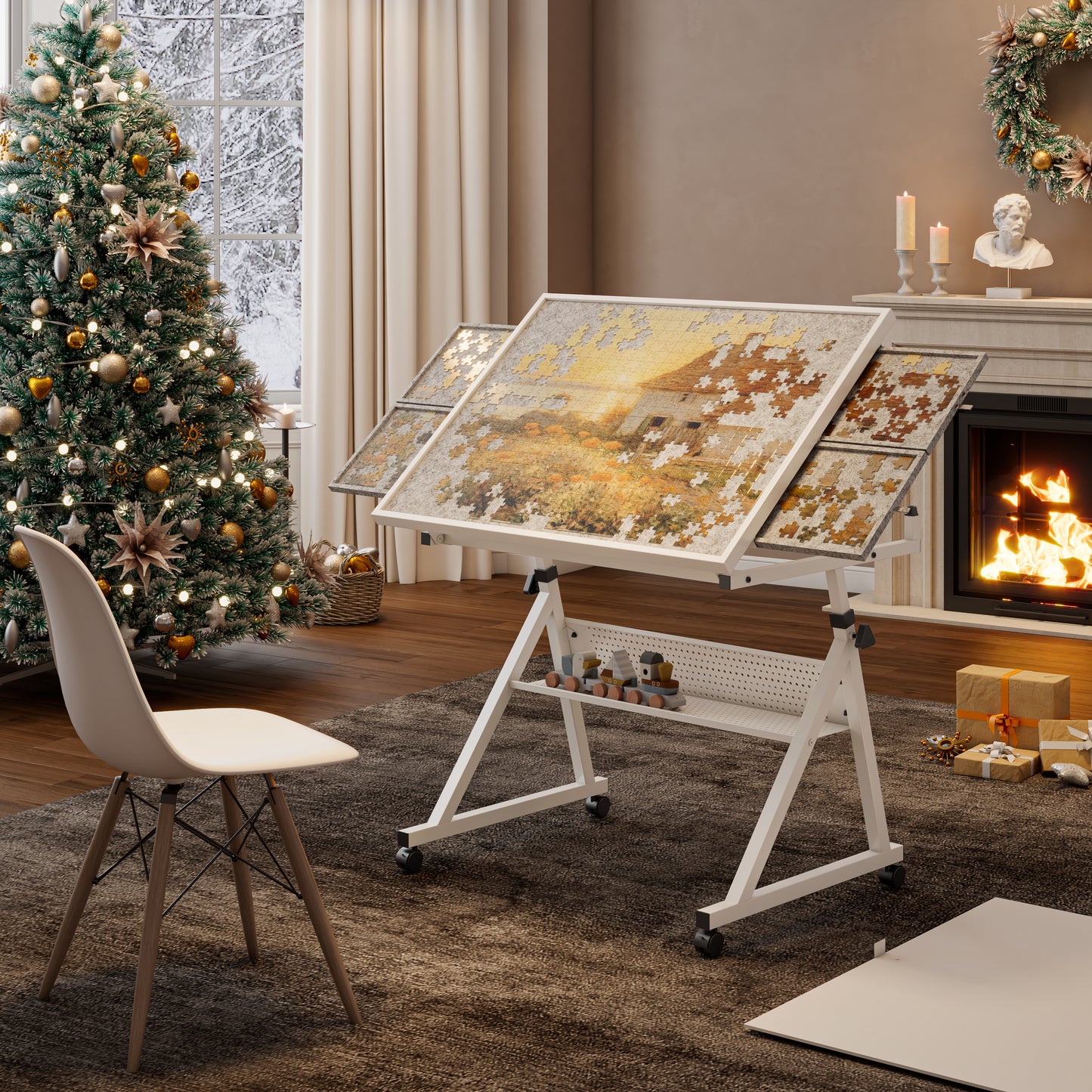 1500-Piece Jigsaw Puzzle Table with Adjustable Height & 4 Storage Trays, White