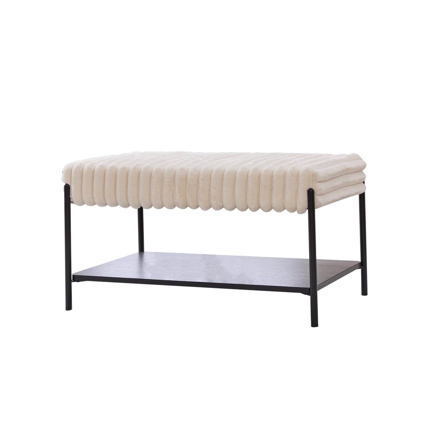 30.7" Faux Fur Bench with Open Storage & Metal Legs, Beige