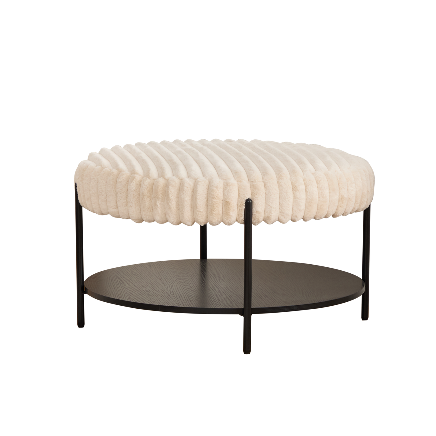 Beige Round Ottoman Coffee Table with Storage Shelf & Black Metal Legs