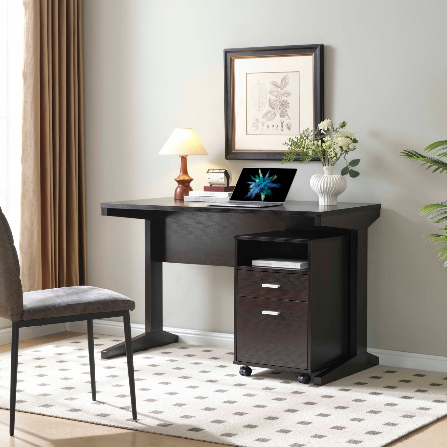 Home Office Desk with File Cabinet on Wheels, 47" Computer Desk, Espresso Finish
