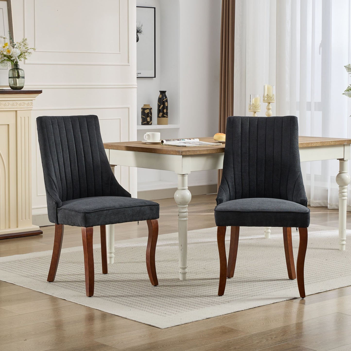GOMYHOME Black Linen Fabric Accent Dining Chair, Set of 2