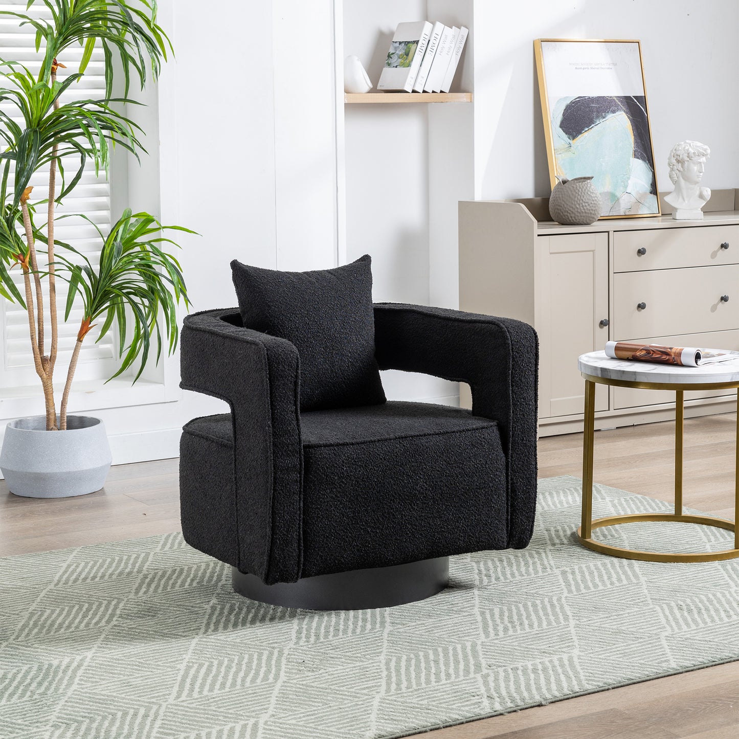 29.0'W Swivel Accent Open Back Chair Modern Comfy Sofa Chair With Black Base For Nursery Bedroom Living Room Hotel Office, Club Chair Leisure Arm Chair For Lounge (Black Boucle)