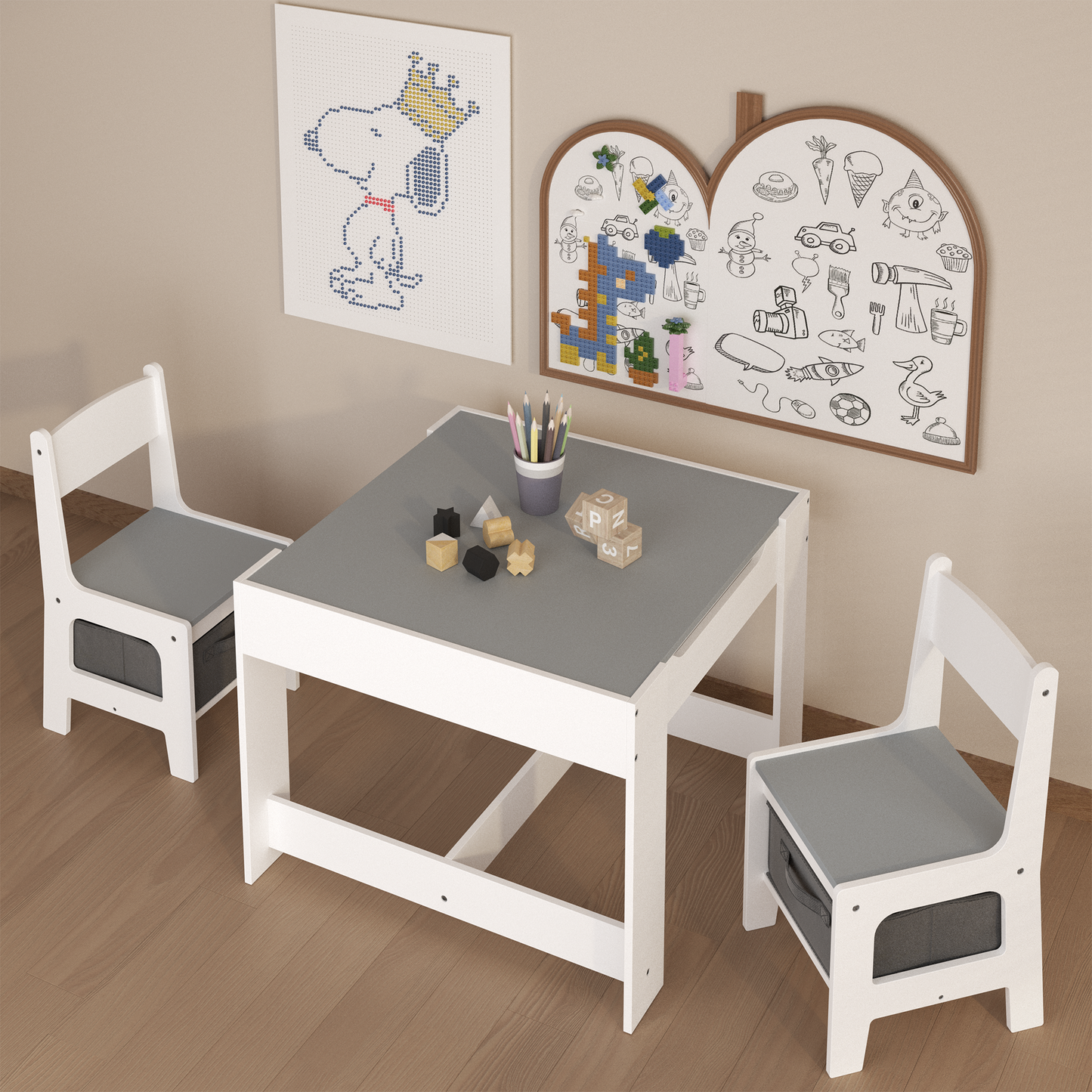 GOMYHOME Kids 3-in-1 Activity Table and 2 Chair Set with Storage Bins, Chalkboard & Play Sand Table