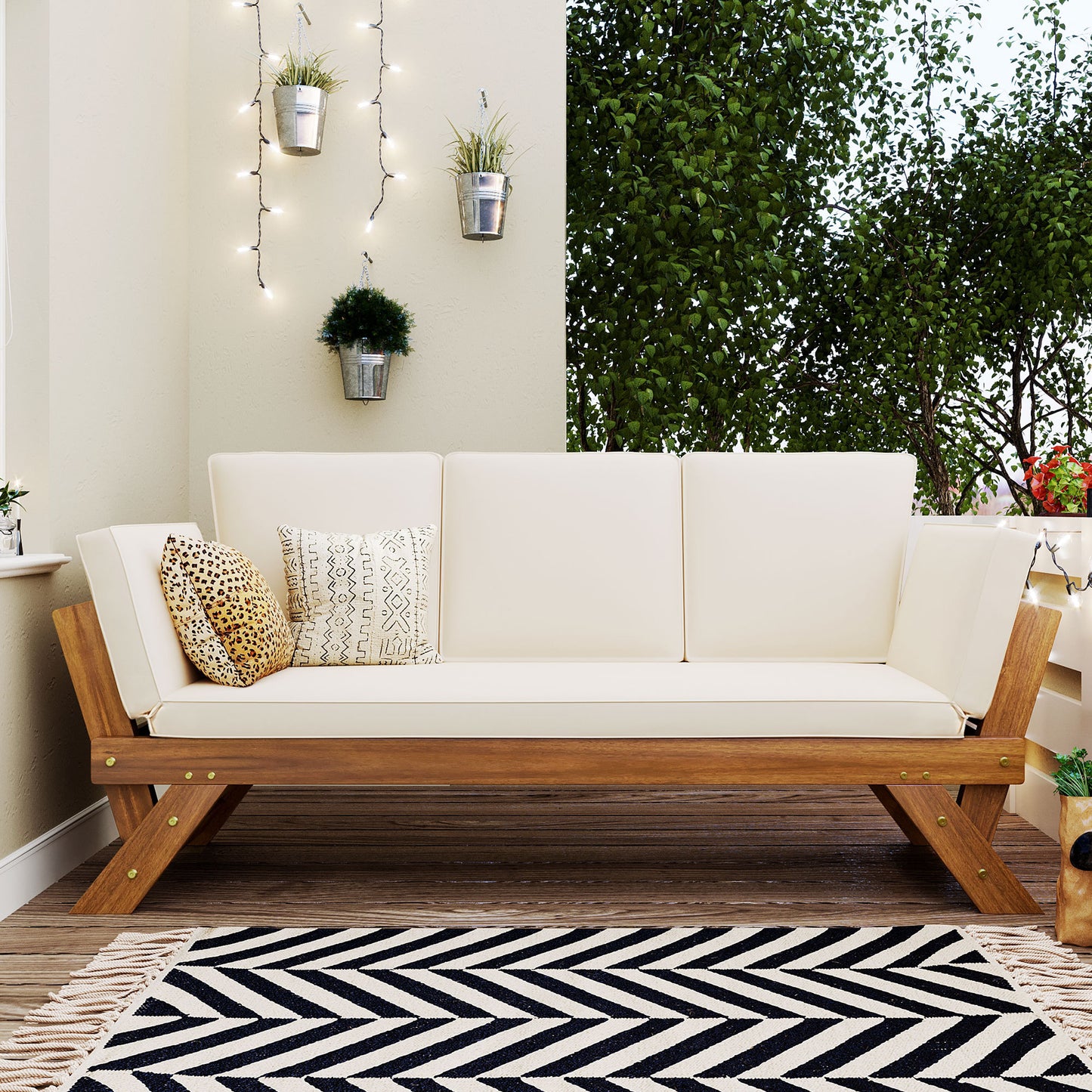 '-Outdoor Adjustable Wooden Patio Daybed Sofa Chaise with Beige Cushions