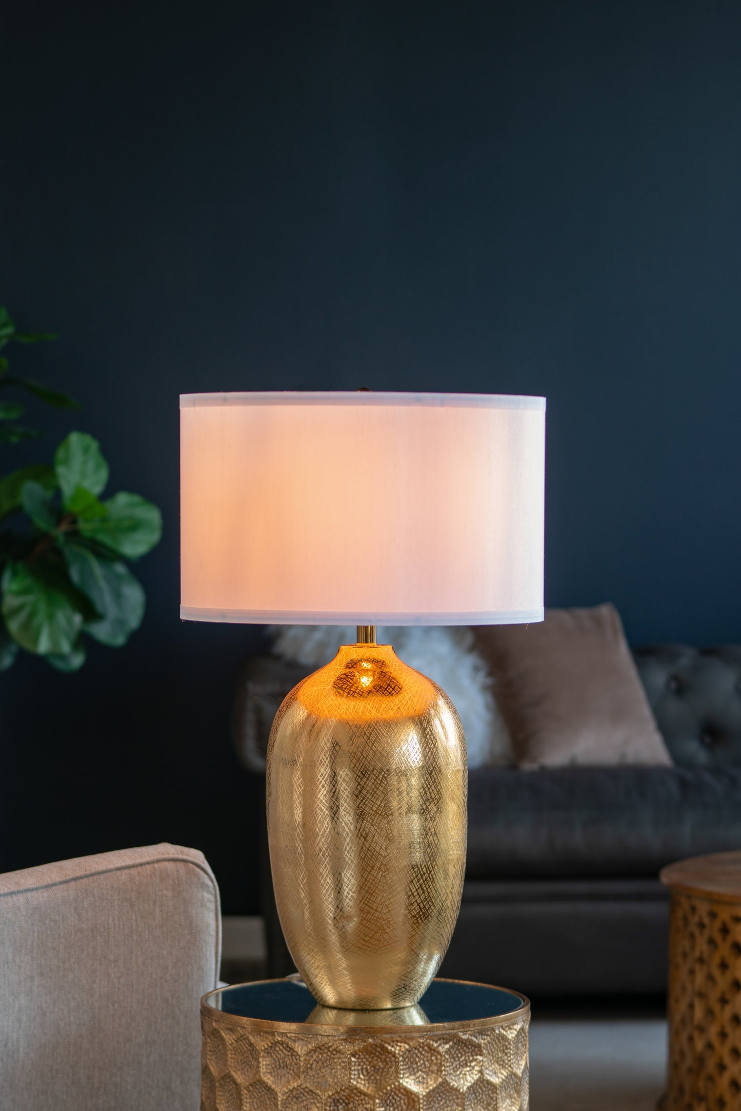 '-Gold Aluminum Table Lamp with White Fabric Shade – 25.7" Tall