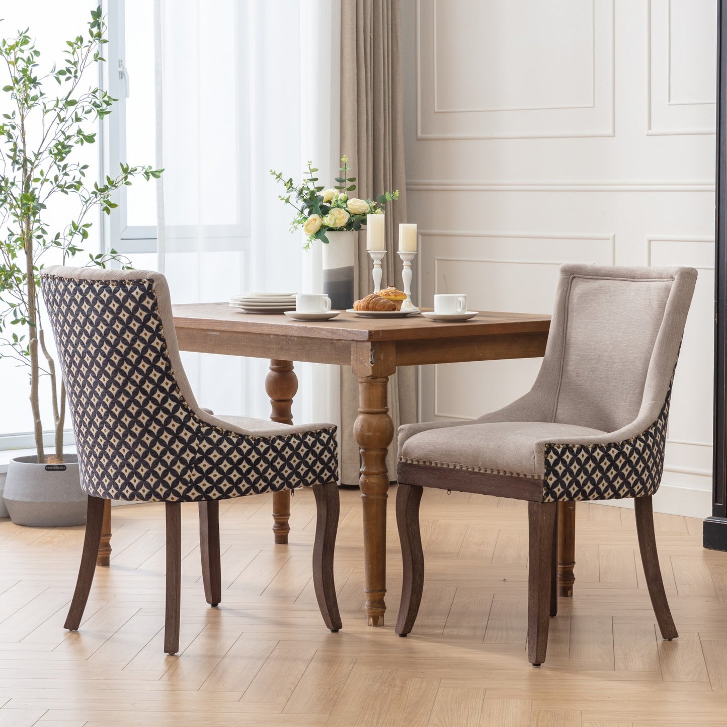 Upholstered Side Dining Chair, Dual-Fabric Beige & Geometric Back, Solid Wood Legs, Set of 2