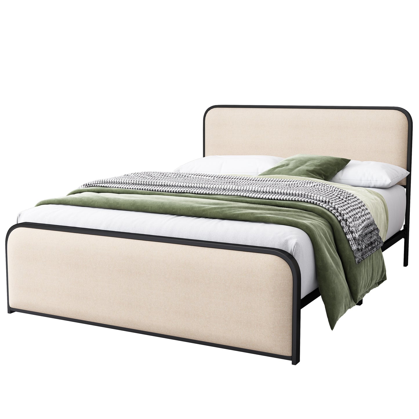 '-Modern Beige Queen Metal Bed Frame with Curved Upholstered Headboard & Footboard, Heavy-Duty Slats, Under-Bed Storage