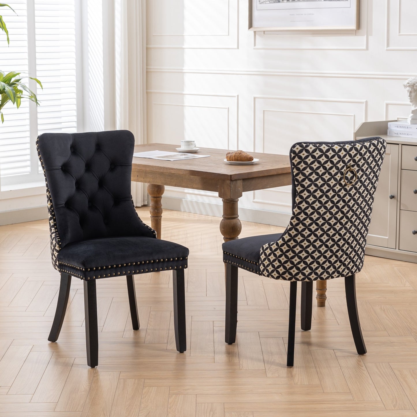 Velvet Dining Chair, Dual-Fabric Black & Patterned, Tufted Solid Wood, Set of 2