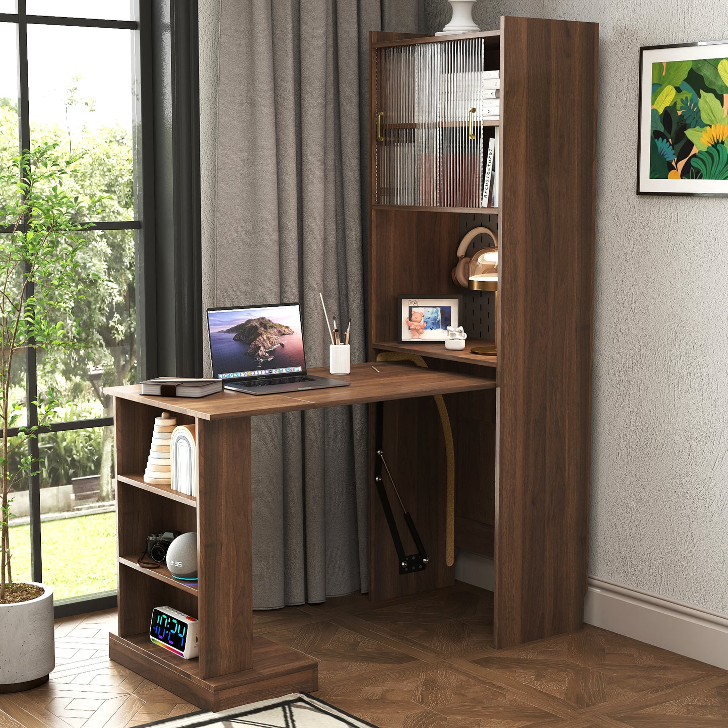 '-Folding Desk with Storage, Space-Saving Foldable Computer Desk, Writing Study Table