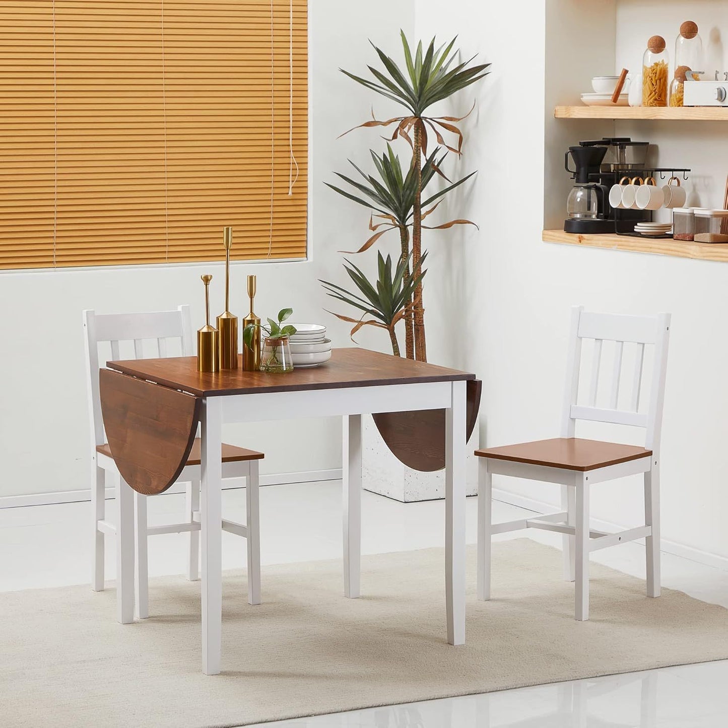DFW Solid Wood Folding Dining Table, Drop Leaf Expandable Round Table for Small Spaces, Kitchen, Dining Room, Apartment or Office, Brown