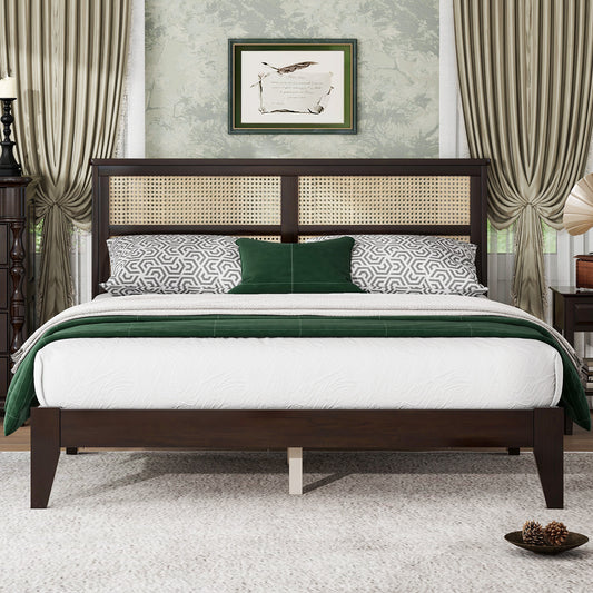 Queen Platform Bed with Solid Wood Frame & Rattan Headboard, Espresso Finish
