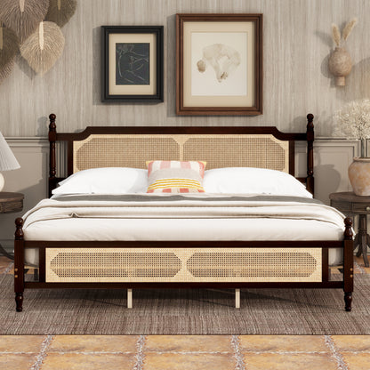 King Pine Wood Bed with Rattan Headboard & Footboard, Espresso Finish
