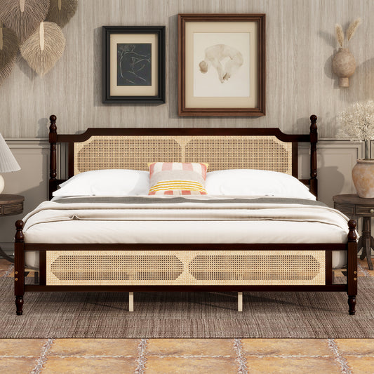 King Pine Wood Bed with Rattan Headboard & Footboard, Espresso Finish