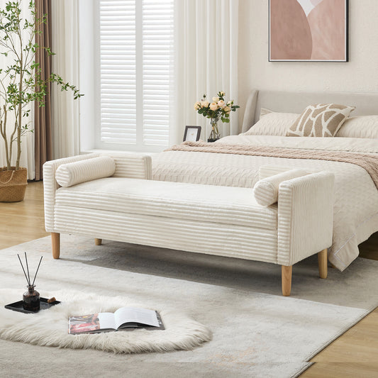 GOMYHOME ivory ivory corduroy 65.35-inch storage bench for living room bedroom and apartment