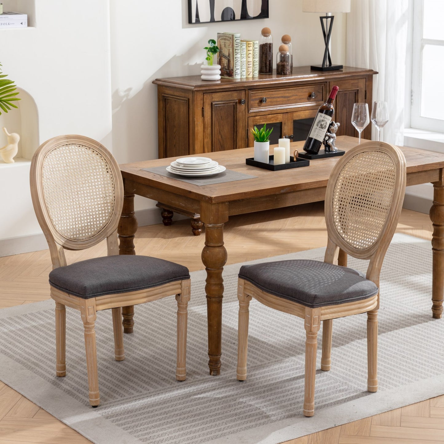 GOMYHOME Gray French Linen Fabric Cane-Back Dining Chairs, Set of 2