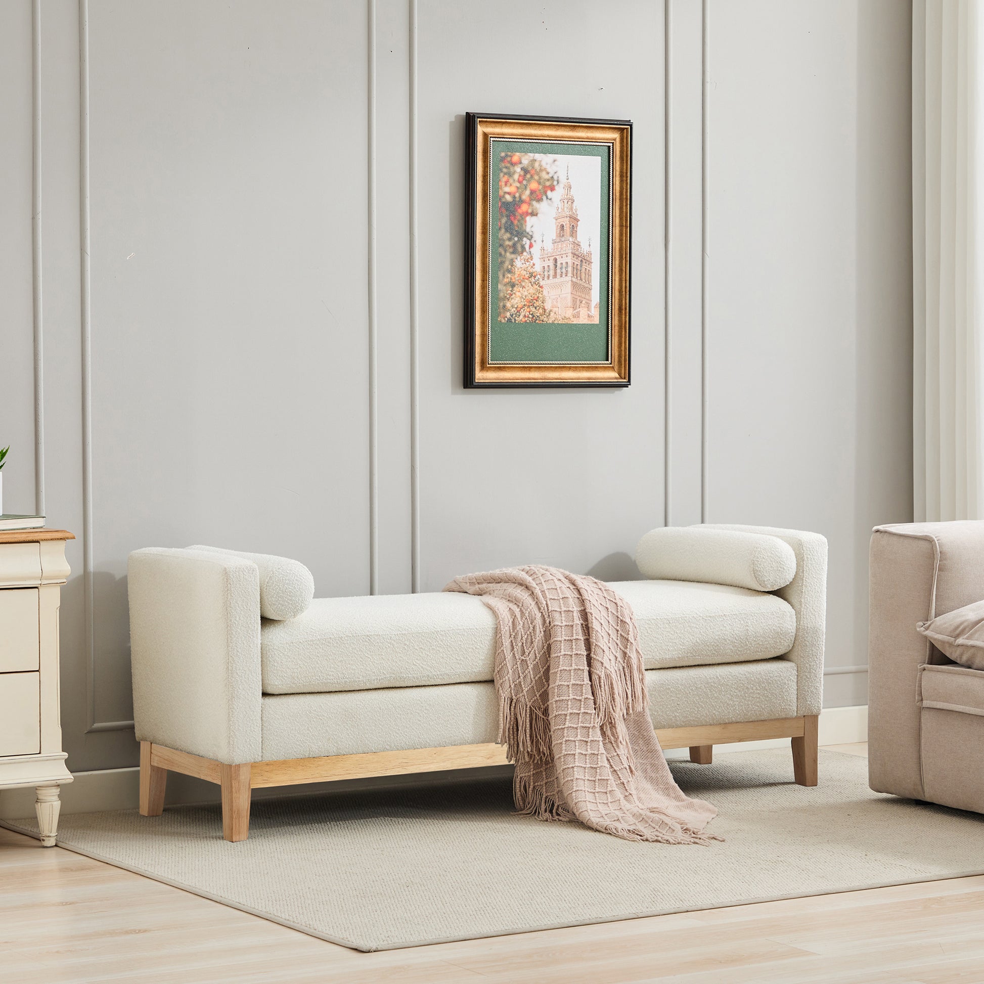 GOMYHOME ivory ivory boucle 66.34-inch end of bed bench for living room bedroom and apartment