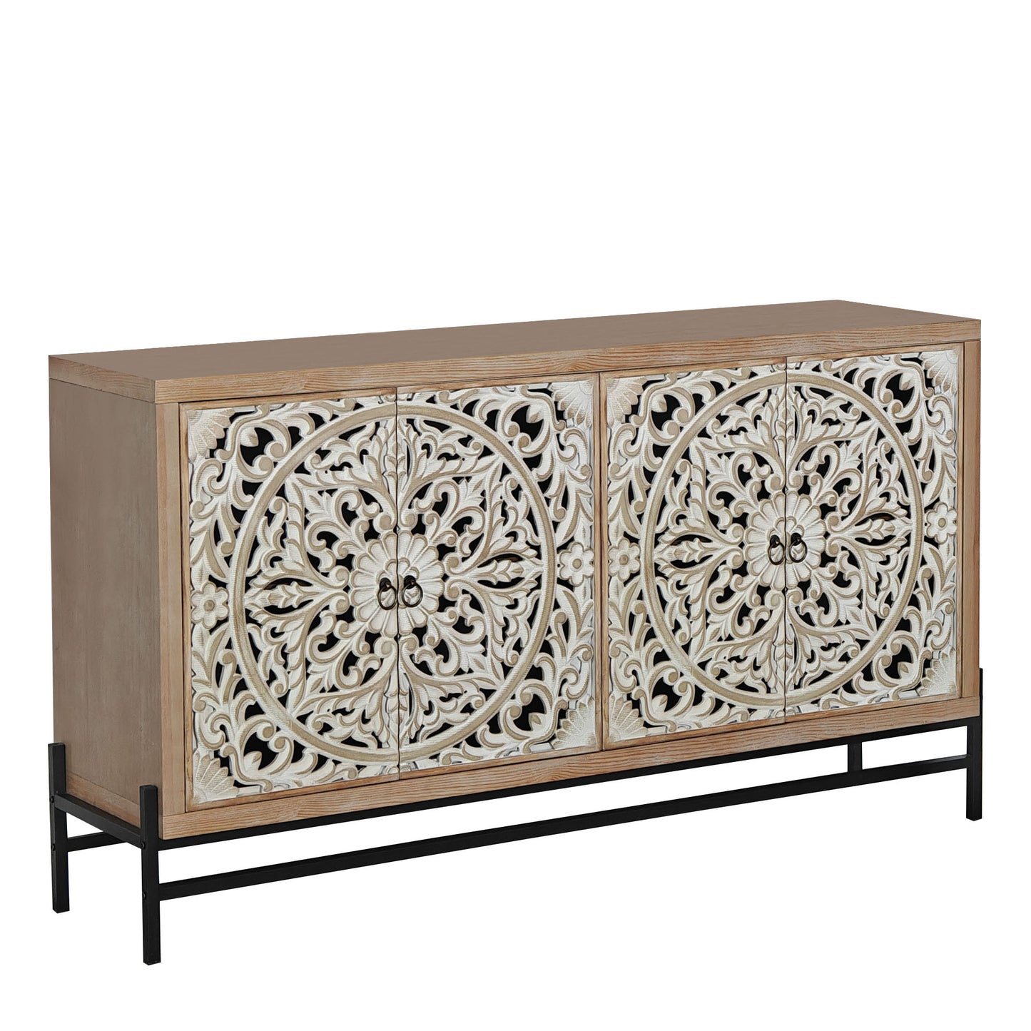 GOMYHOME 4 Door Wood Cabinet, Vintage Carved Wood 4-Door Cabinet with Metal Base Elegant Storage Sideboard for Living Room, Bathroom,Entryway and Kitchen