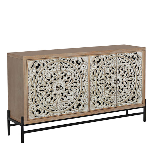 GOMYHOME 4 Door Wood Cabinet, Vintage Carved Wood 4-Door Cabinet with Metal Base Elegant Storage Sideboard for Living Room, Bathroom,Entryway and Kitchen