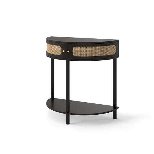 Boho Rattan Semi Circle End Table with Sliding Door & Bottom Shelf, Black
