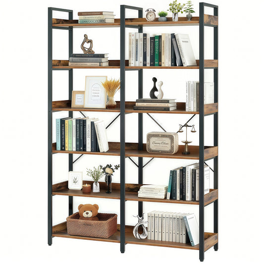 6-Tier Industrial Bookshelf, Wooden & Metal Open Shelves, 67" Storage Rack, Brown
