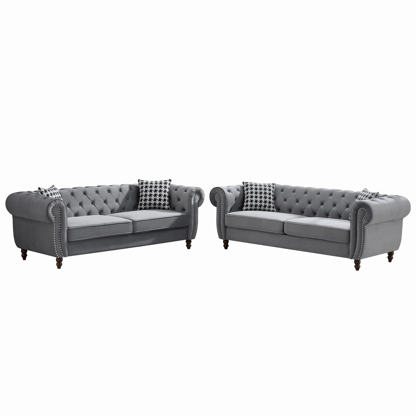 GOMYHOME Grey Tech Fabric Chesterfield Sofa Set with Two 3-Seat Sofas