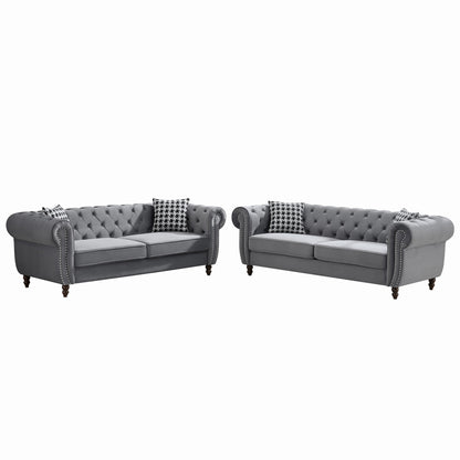 GOMYHOME Grey Tech Fabric Chesterfield Sofa Set with Two 3-Seat Sofas