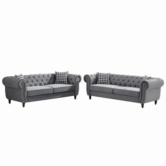 GOMYHOME Grey Tech Fabric Chesterfield Sofa Set with Two 3-Seat Sofas
