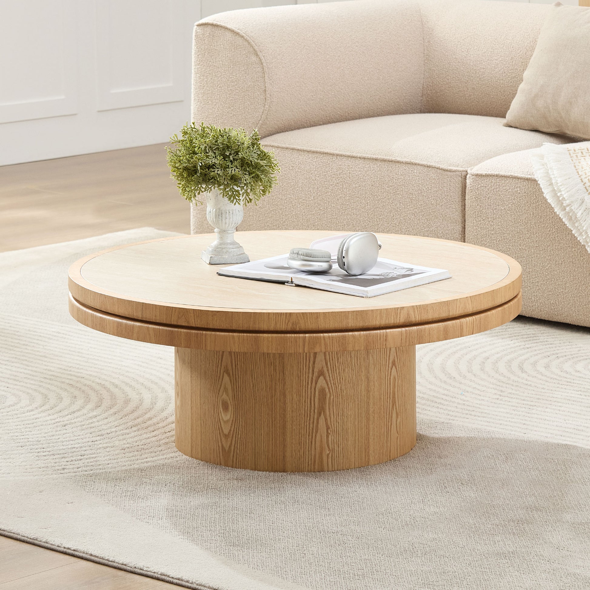 GOMYHOME Natural 35.43" Round Coffee Table with Sintered Stone Top in Natural for living room